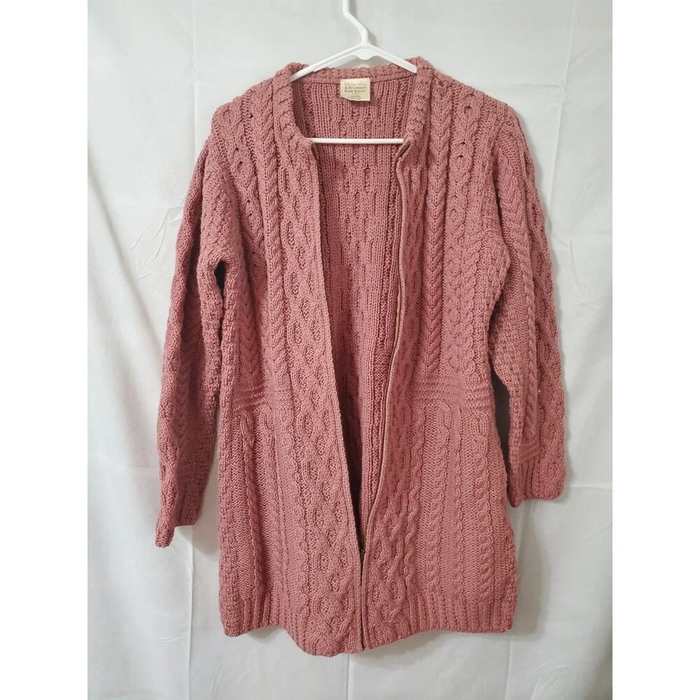 Kilronan Knitwear Bubblegum Pink Fisherman Cableknit Chunky Cardigan Large ZipUP